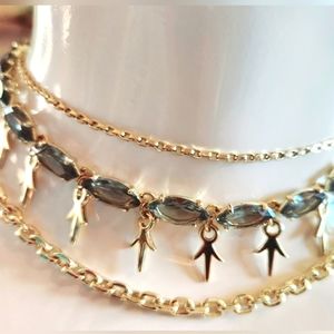 Vtg GILES BROTHER NY Gold Tri Strands 3 Chains Gems Arrows Toggle Choker G&B 16"